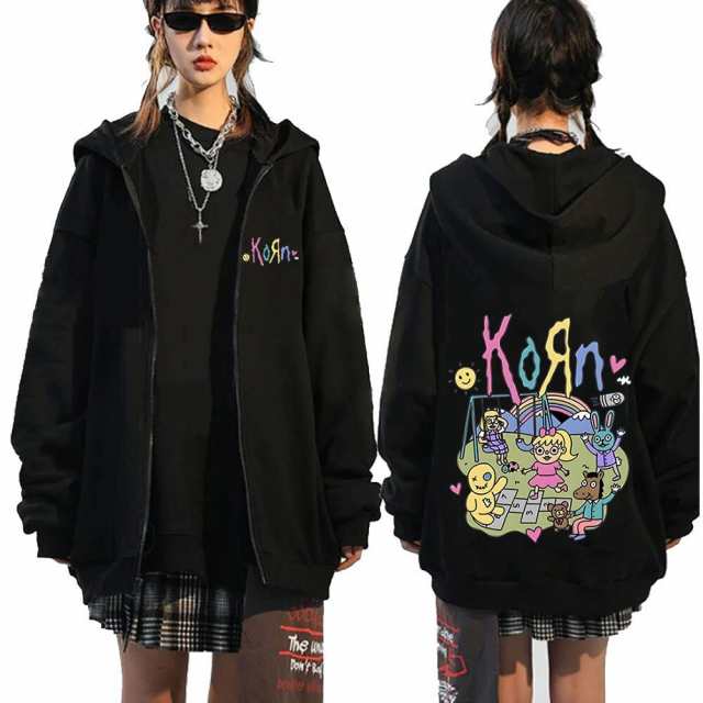 KoRn フード付きジップパーカー カートゥーンデザイン トップス